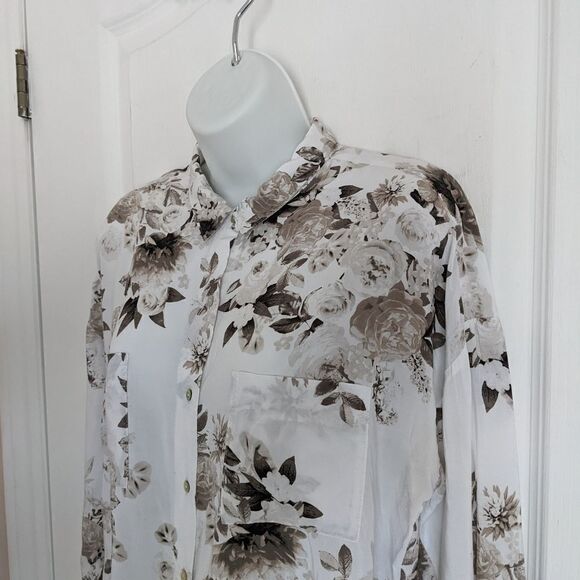 Smart SET white floral blouse crop top brown roses viscose Medium reworked - Picture 9 of 11